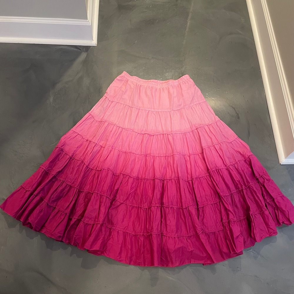 Multiples Pink Ombre Tiered Cotton Midi Skirt Boho Peasant M Western Festival